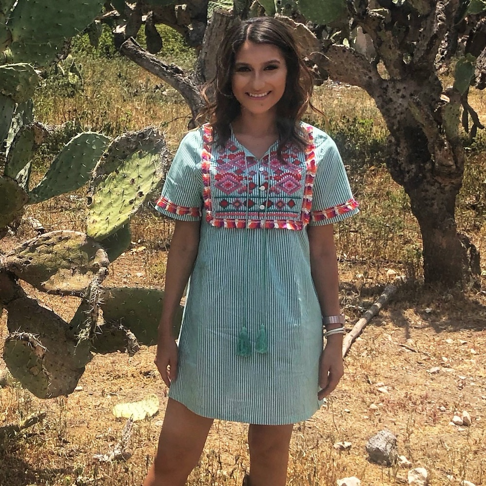 Embroidered Green Dress with Pink Accents- boutique dress